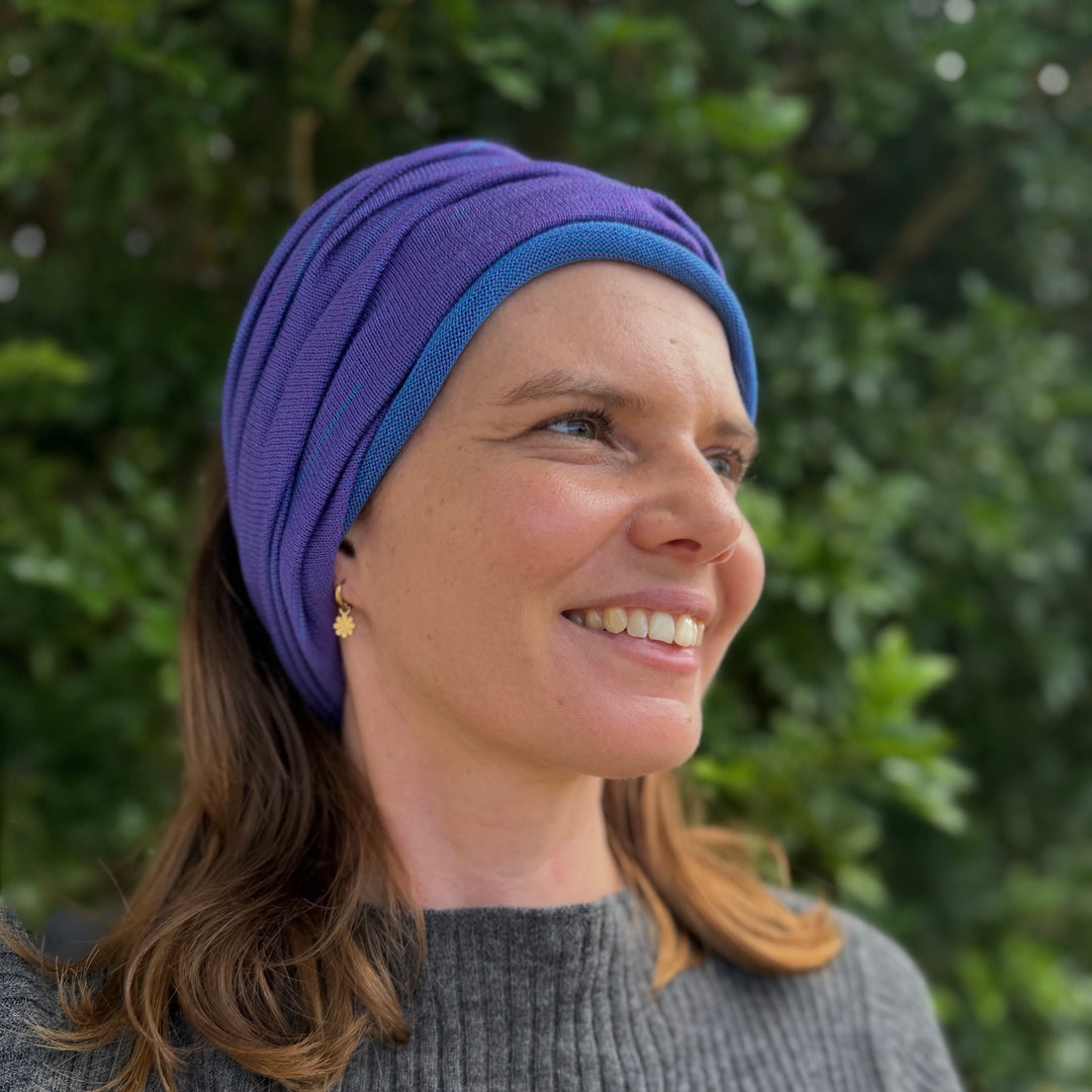 Amethyst & Blue Reversible  Merino Beanie Wrap - Shipped from Wales UK
